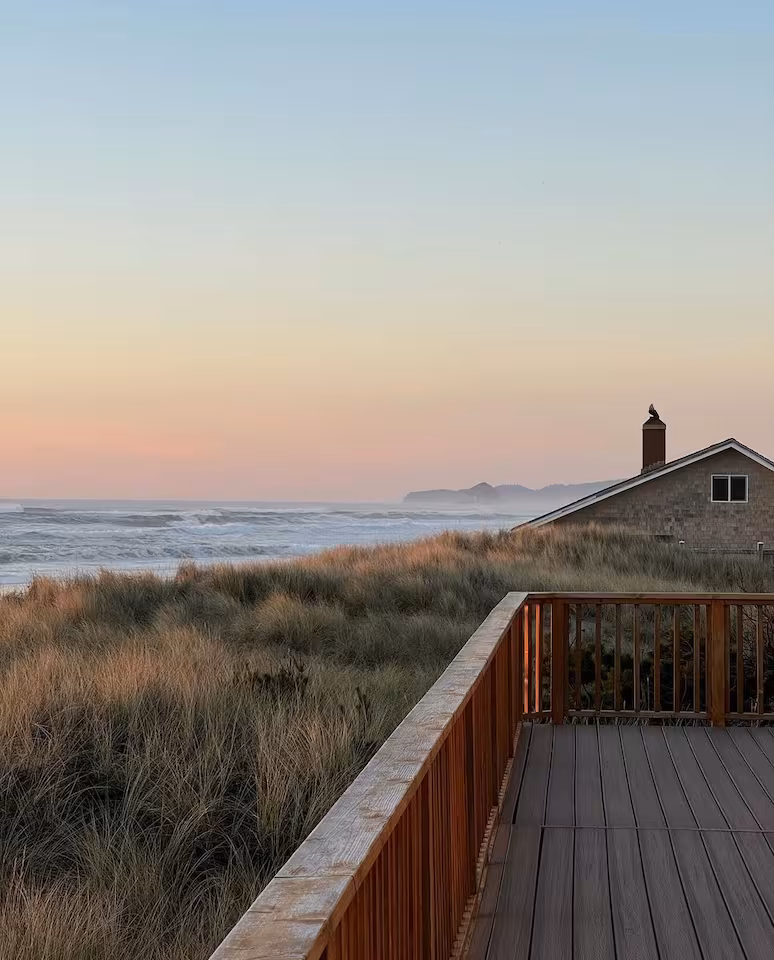 Deck overlooking coastal dunes at Our Plaace Airbnb in Neskowin, Oregon, ideal for an intimate wedding stay