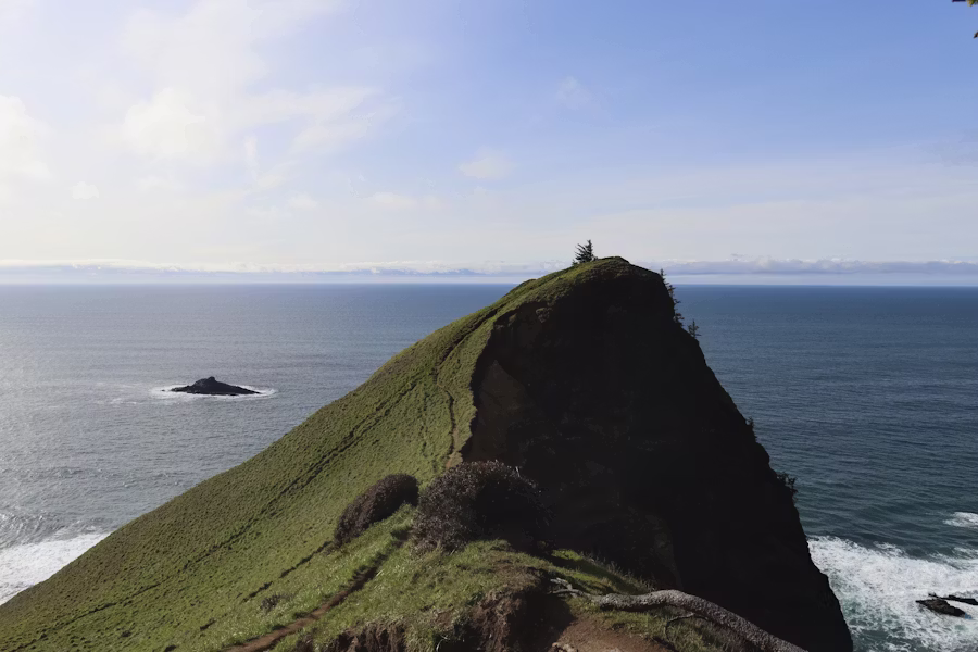 Grassy cliff viewpoint at God’s Thumb near Lincoln City on the Oregon Coast, scenic elopement hike