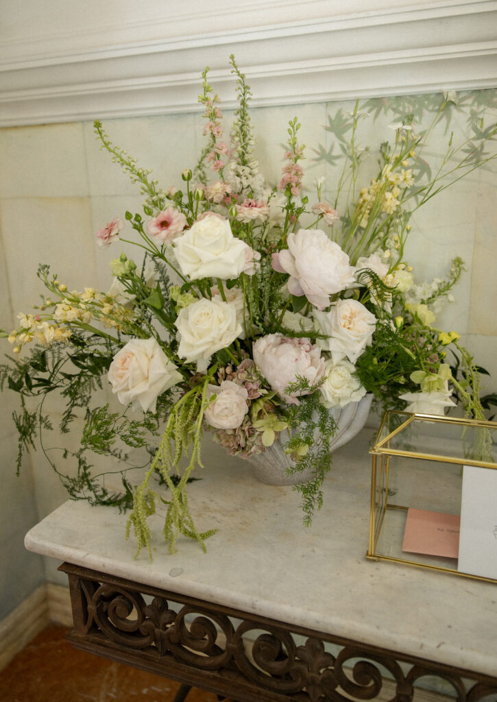 Romantic garden floral arrangement at La Caille Utah