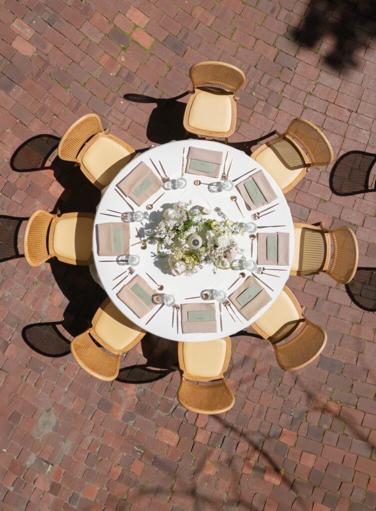 aerial drone shot of a tablescape at la caille utah
